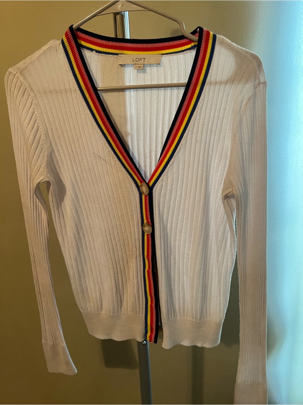 LOFT White Ribbed V-Neck Cardigan with Red, Yellow & Navy Trim